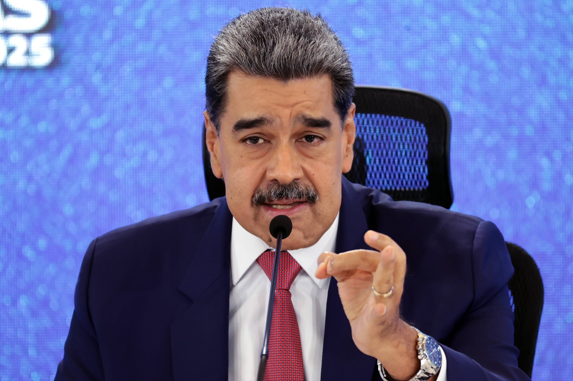 Wenezuelski prezydent Nicolas Maduro podczas konferencji prasowej w Caracas, 15 września 2025 r.