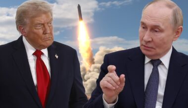 Donald Trump, prezydent USA, i Władimir Putin, prezydent Rosji, na tle wystrzelonego pocisku. Zdjęcie ilustracyjne