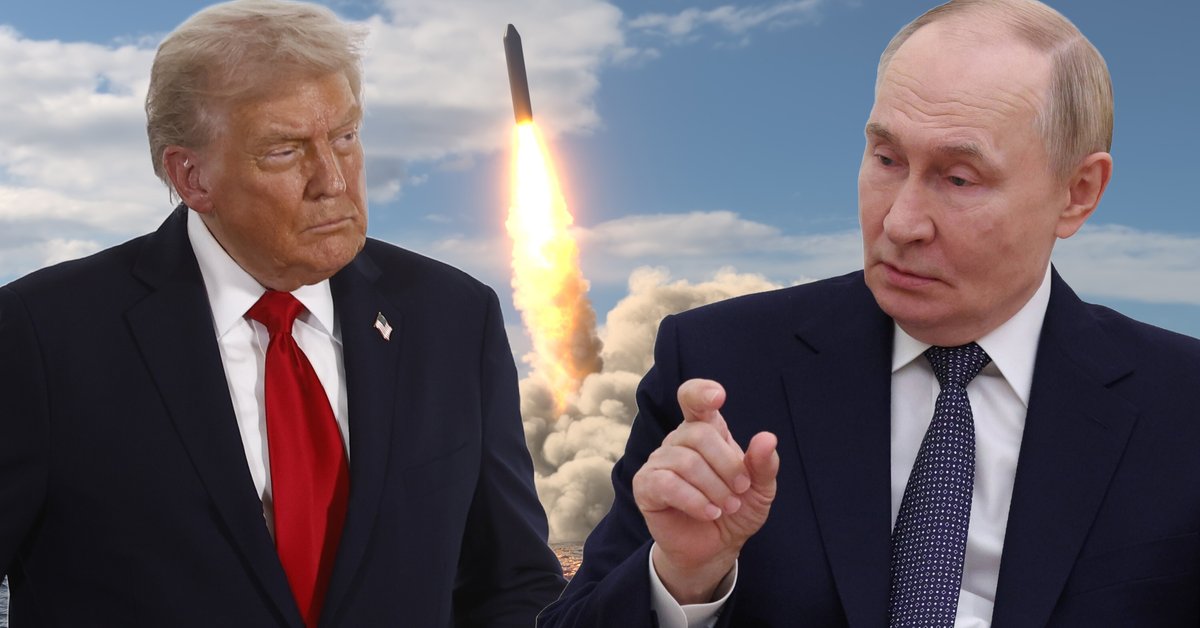 Donald Trump, prezydent USA, i Władimir Putin, prezydent Rosji, na tle wystrzelonego pocisku. Zdjęcie ilustracyjne