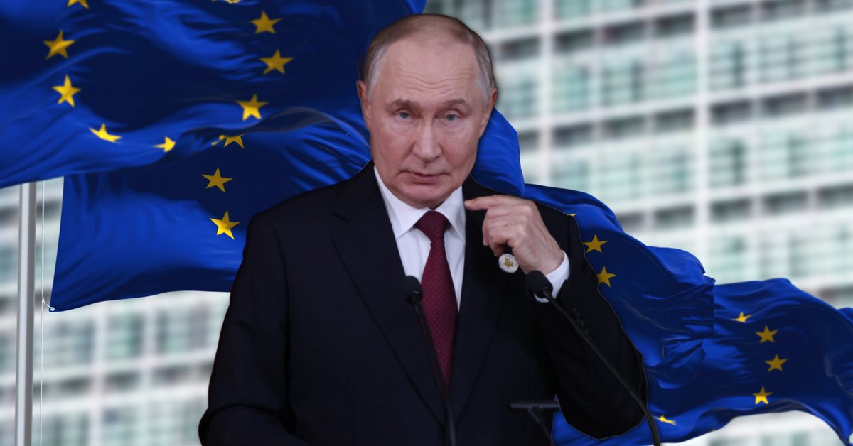 Prezydent Rosji Władimir Putin, w tle: flagi Unii Europejskiej