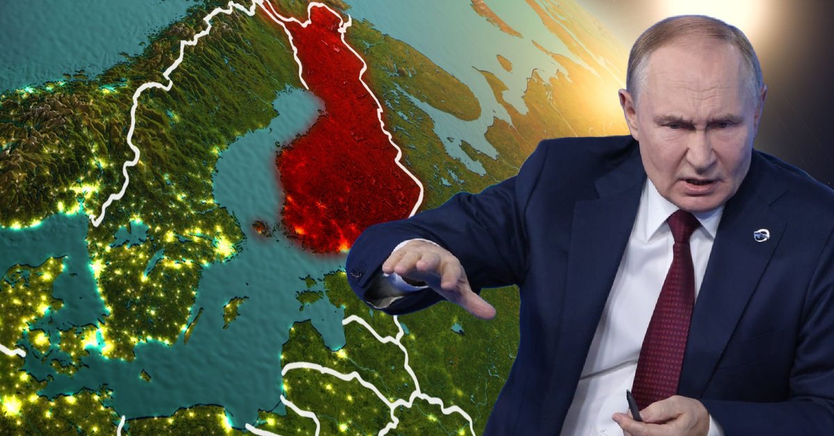 Prezydent Rosji Władimir Putin w Soczi w Rosji, 2 października 2025 r. W tle mapa północy Europy z uwzględnieniem granic Finlandii