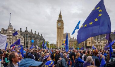 Protest zwolenników UE przed budynkiem brytyjskiego parlamentu z okazji czwartej rocznicy brexitu,  Londyn, Wielka Brytania, 31 stycznia 2024 r.