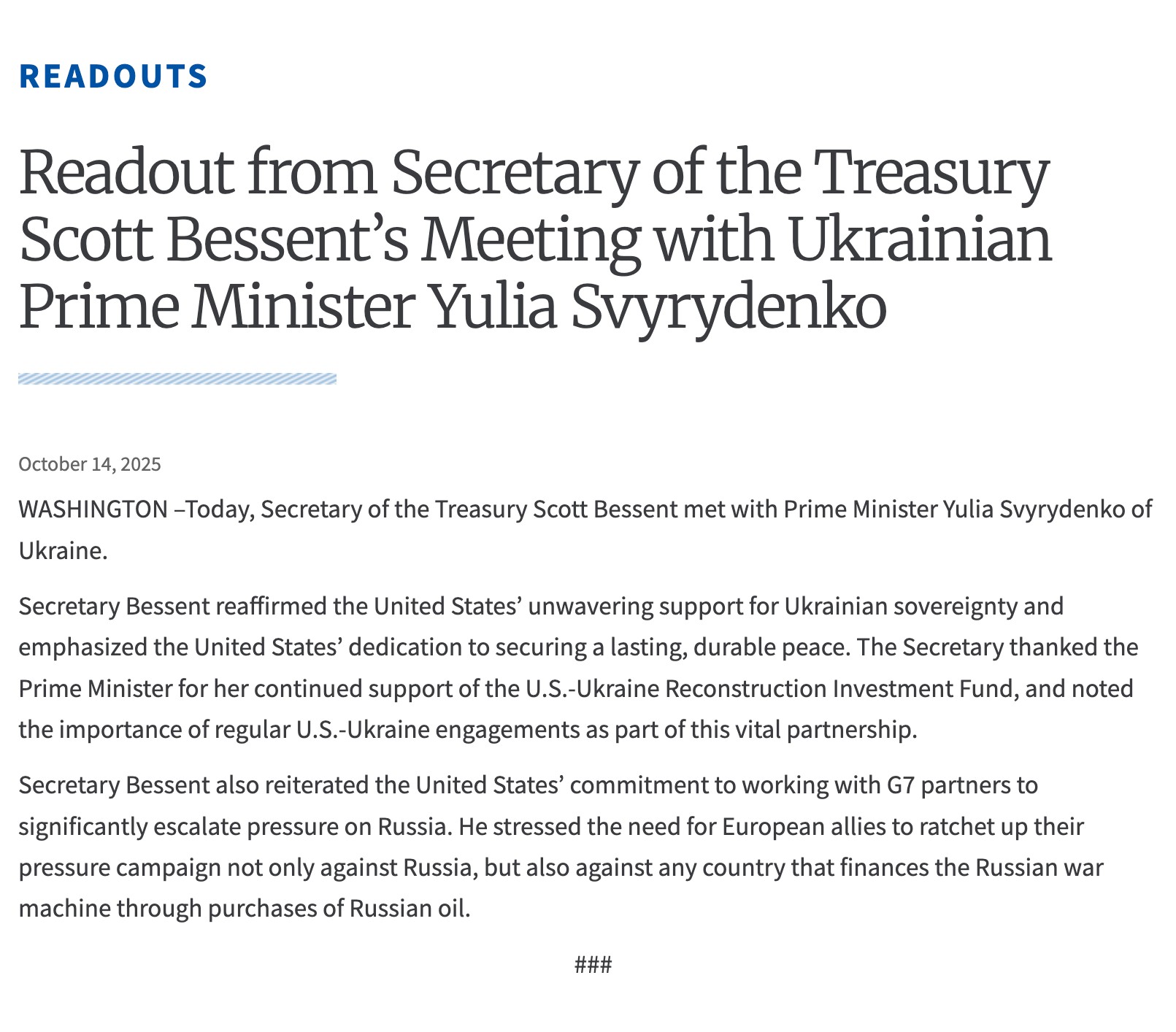 Relacja ze spotkania sekretarza skarbu Scotta Bessenta z premier Ukrainy Julią Swyrydenko udostępniona na oficjalnej stronie Departamentu Skarbu Stanów Zjednoczonych, 14 października 2025 r.
