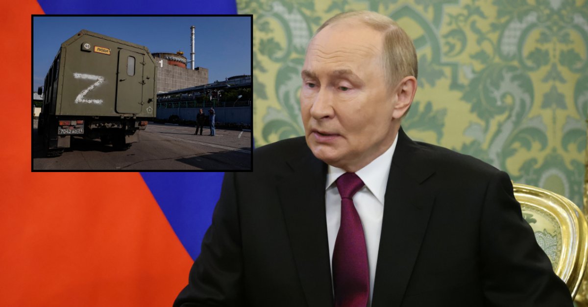Władimir Putin w Moskwie, 7 sierpnia 2025 r.; po lewej stronie: rosyjski pojazd wojskowy w pobliżu elektrowni jądrowej w Zaporożu w Enerhodarze, 15 czerwca 2023 r.