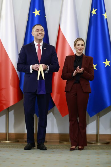 Karol i Marta Nawroccy na spotkaniu w Pałacu Prezydenckim w 2025 r.