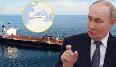 Po prawej Władimir Putin, w tle tankowiec BORACAY należący do tzw. floty cieni Rosji, w ramce jego aktualne położenie