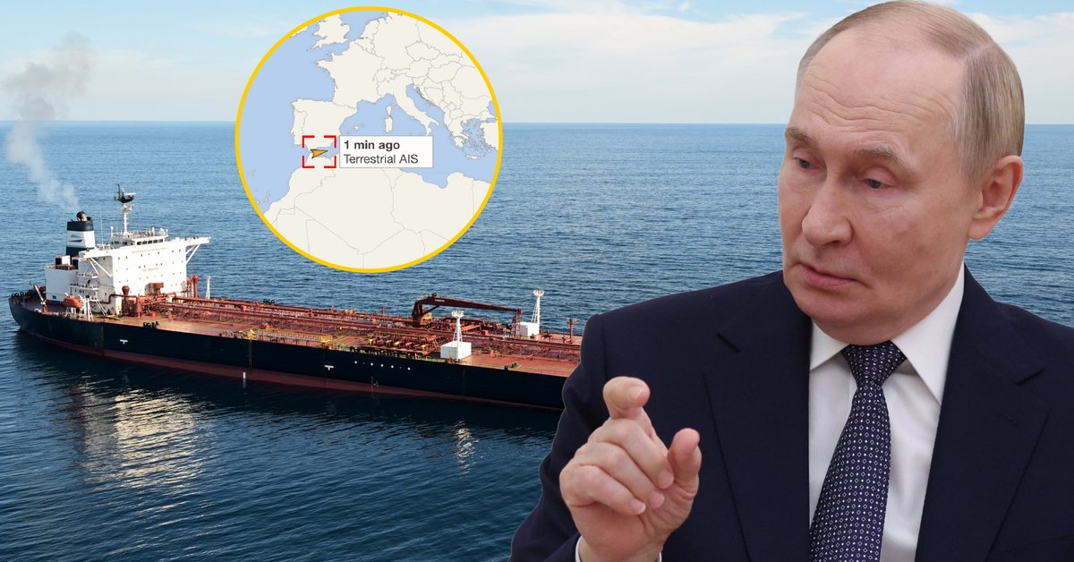 Po prawej Władimir Putin, w tle tankowiec BORACAY należący do tzw. floty cieni Rosji, w ramce jego aktualne położenie