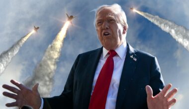 Donald Trump, prezydent Stanów Zjednoczonych na tle pocisków. Zdjęcie ilustracyjne