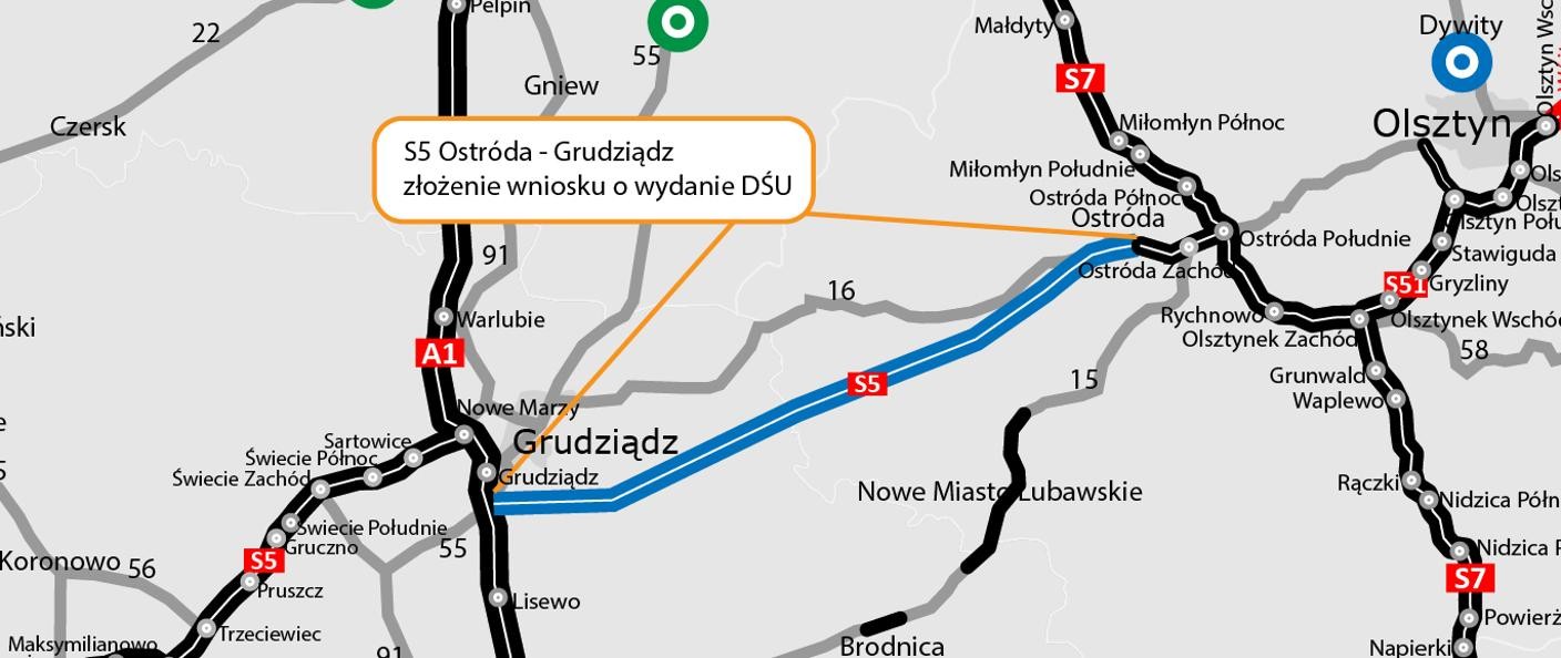 Mapa z planowanym przebiegiem drogi ekspresowej S5