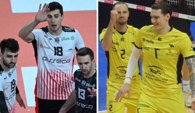 Siatkarze w strojach meczowych, po lewej drużyna w bieli z czerwonymi pasami, po prawej w żółci.