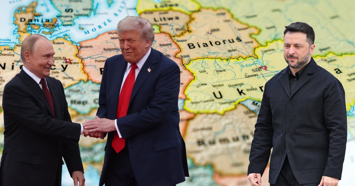 Prezydent Rosji Władimir Putin (po lewej), prezydent Stanów Zjednoczonych Donald Trump (drugi z lewej) w Anchorage na Alasce, 15 sierpnia 2025 r. Po prawej przywódca Ukrainy Wołodymyr Zełensk Paryżu, 17 listopada 2025 r.