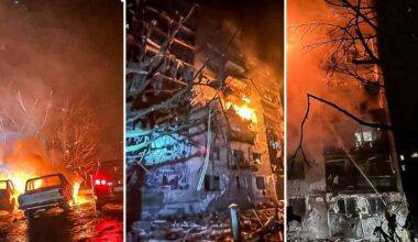 Płonące budynki i samochody po rosyjskim ataku na Ukrainę