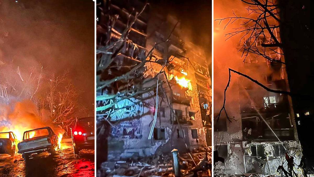 Płonące budynki i samochody po rosyjskim ataku na Ukrainę