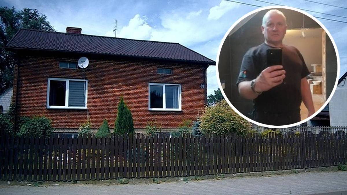 Dom jednorodzinny z płotem oraz portret mężczyzny w okręgu.