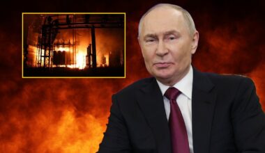 Po prawej Władimir Putin. W ramce zdjęcie z ataku na rafinerię w Riazaniu