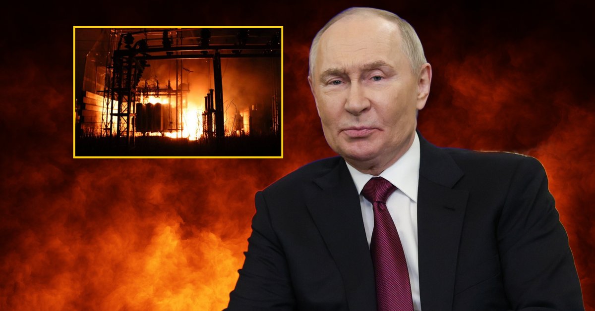 Po prawej Władimir Putin. W ramce zdjęcie z ataku na rafinerię w Riazaniu