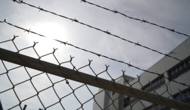 Fragment ogrodzenia z drutu kolczastego przed budynkiem w słoneczny dzień.