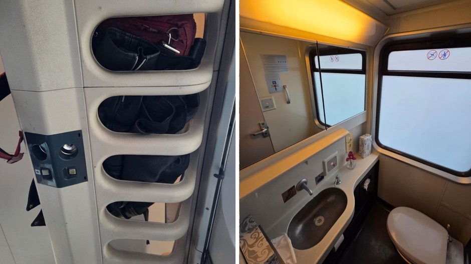 Półka na bagaże nad głowami i łazienka w klasie low cost w pociągu RegioJet 14.11.2025 r.