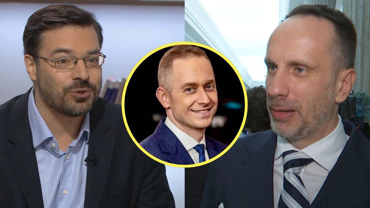 Trzech polityków, w tym poseł Konfederacji Stanisław Tyszka, podczas programu telewizyjnego omawiającego kwestie Funduszu Sprawiedliwości.