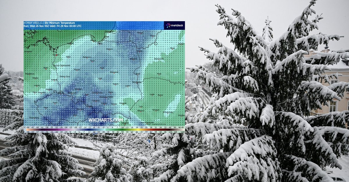 Kilkustopniowy mróz sprawi, że w sporej części Polski utrzyma się pokrywa śnieżna (screen: wxcharts.com)