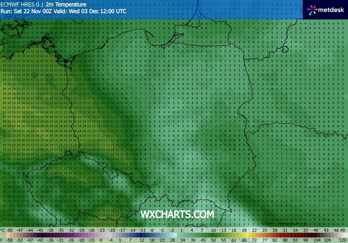 Na początku grudnia buchnie ciepłem (screen: wxcharts.com)