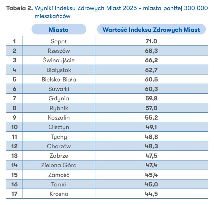 Wyniki Indeksu Zdrowych Miast (screen z raportu)