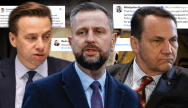 Kolaż zdjęć polityków i fragmentów wpisów w mediach społecznościowych dotyczących kontrowersji wokół Instytutu Jad Waszem.