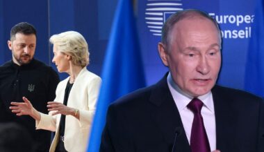 Wołodymyr Zełenski z Ursulą von der Leyen w Belgii, 6 marca 2025 r.; po prawej stronie Władimir Putin