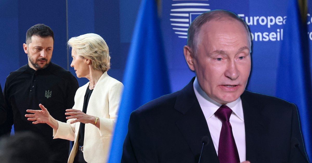 Wołodymyr Zełenski z Ursulą von der Leyen w Belgii, 6 marca 2025 r.; po prawej stronie Władimir Putin