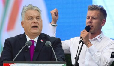 Po lewej premier Węgier Viktor Orban, po prawej lider partii Tisza Peter Magyar