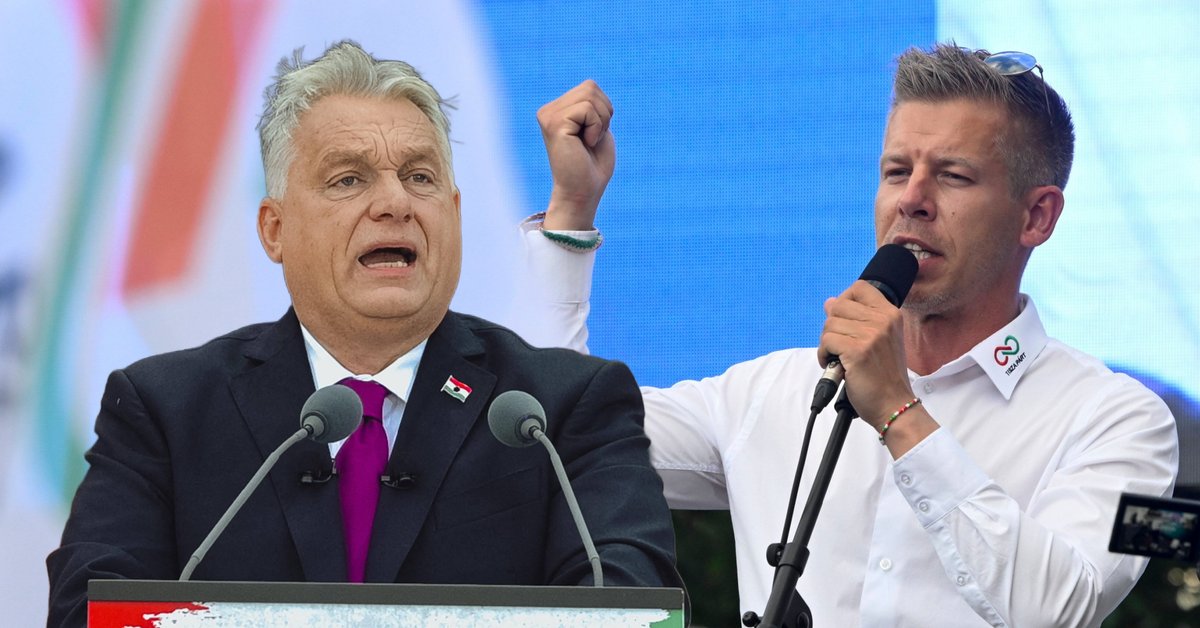 Po lewej premier Węgier Viktor Orban, po prawej lider partii Tisza Peter Magyar