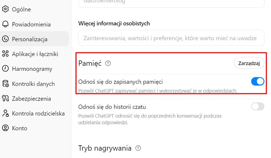 ChatGPT może pamiętać to, kim jesteśmy, czym się zajmujemy, czy też jakie są nasze oczekiwania w konkretnej tematyce
