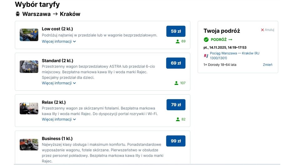 Oferta w różnych klasach na dzień 14 listopada 2025 r. Screen z dn. 25.10.2025 r.
