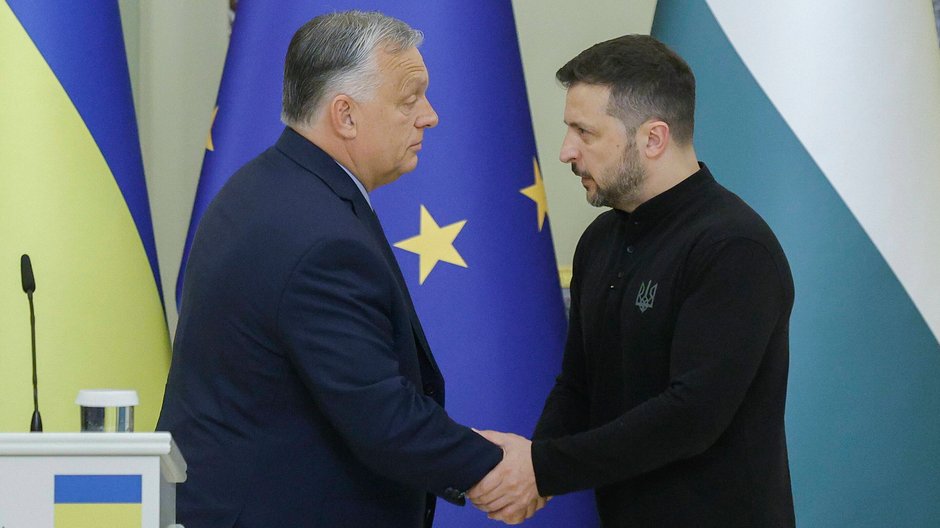 Viktor Orban, premier Węgier, i Wołodymyr Zełenski, prezydent Ukrainy, po spotkaniu w Kijowie, 2 lipca 2024 r.