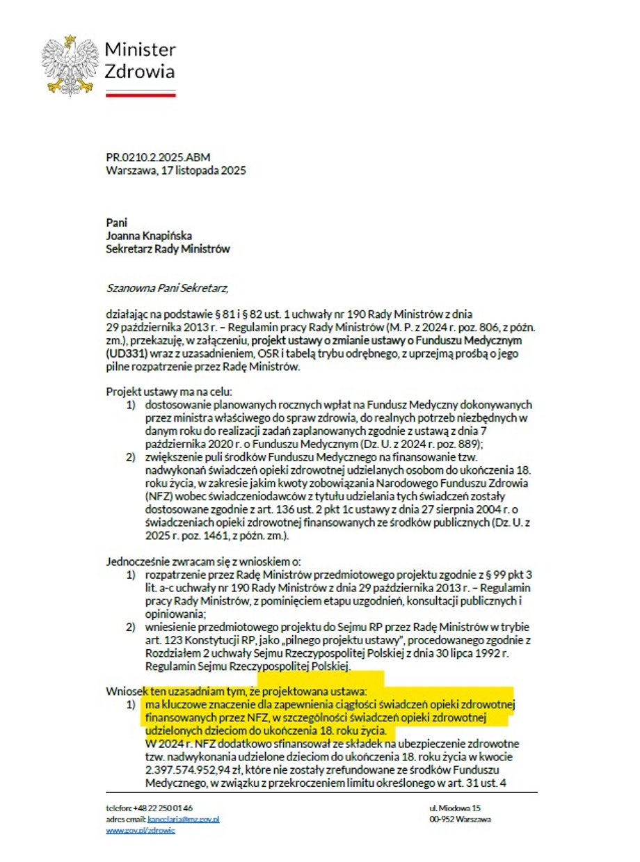 Pismo Katarzyna Kacperczyk, wiceminister zdrowia do Joanny Knapińskiej, szefowej RCL