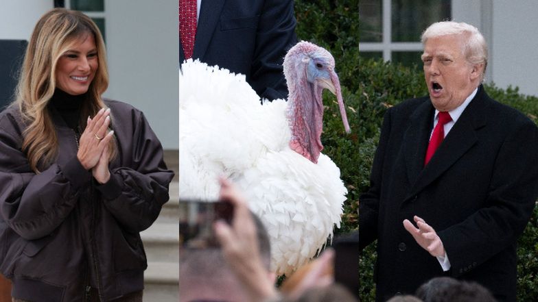 Przerażony Donald Trump i uradowana Melania ułaskawili indyka (ZDJĘCIA)