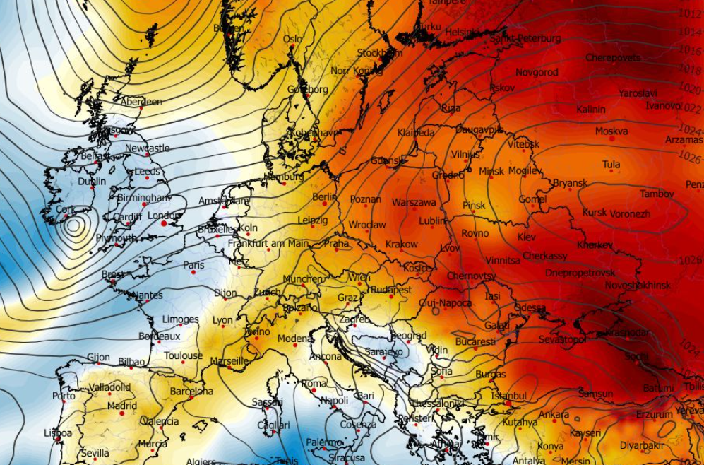 Prognozowana amomalia temperatury na poziomie 850 hPa w sobotę 29.11