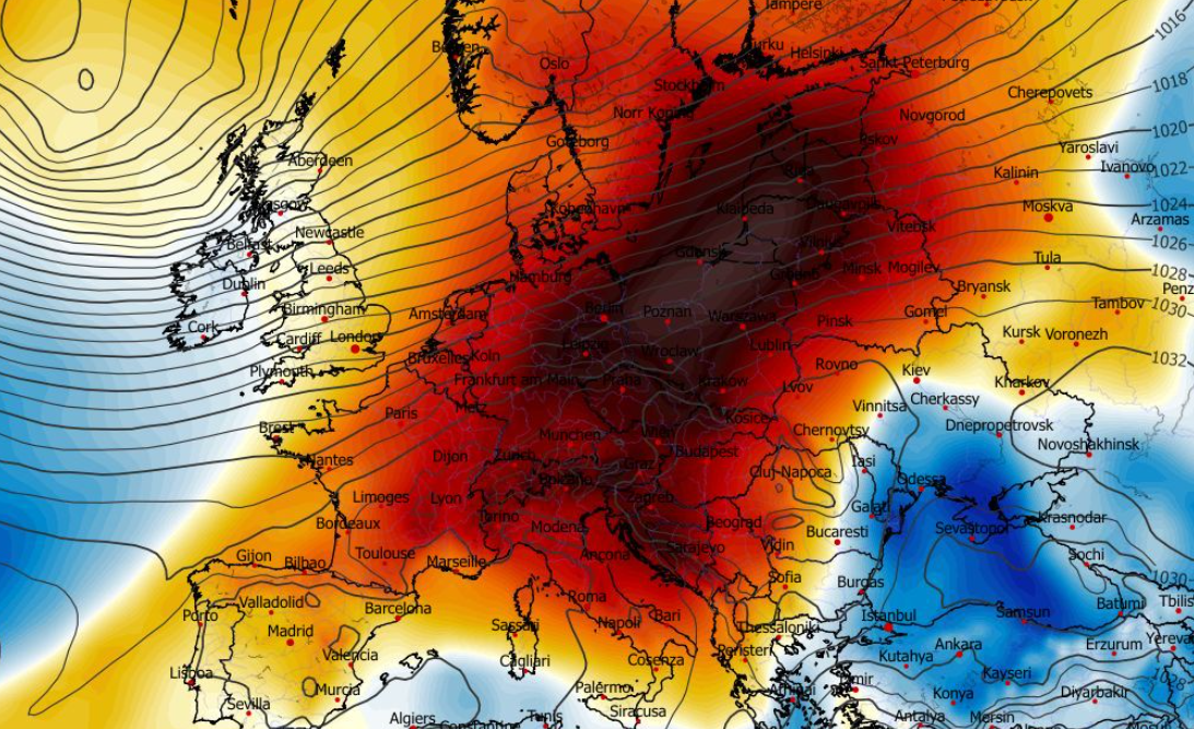 Prognozowana amomalia temperatury na poziomie 850 hPa we wtorek 09.12