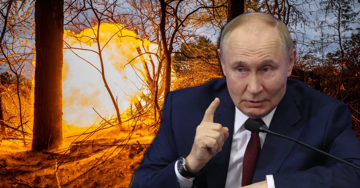 Władimir Putin, w tle ukraińska jednostka artylerii, 11 sierpnia 2025 r.