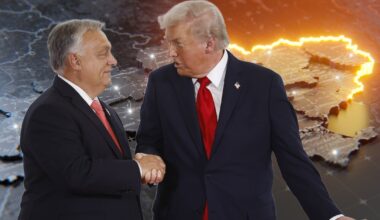 Premier Węgier Viktor Orban i prezydent Stanów Zjednoczonych Donald Trump podczas szczytu pokojowego, Szarm el-Szejk, Egipt, 13 października 2025 r. W tle mapa Ukrainy