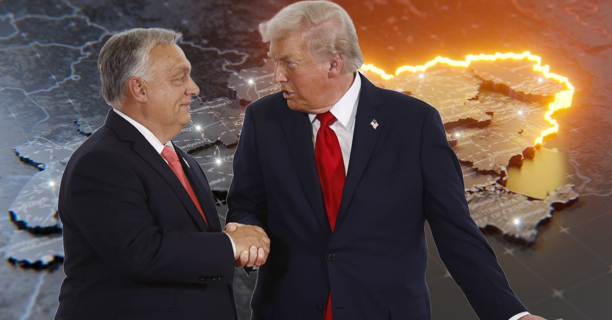 Premier Węgier Viktor Orban i prezydent Stanów Zjednoczonych Donald Trump podczas szczytu pokojowego, Szarm el-Szejk, Egipt, 13 października 2025 r. W tle mapa Ukrainy