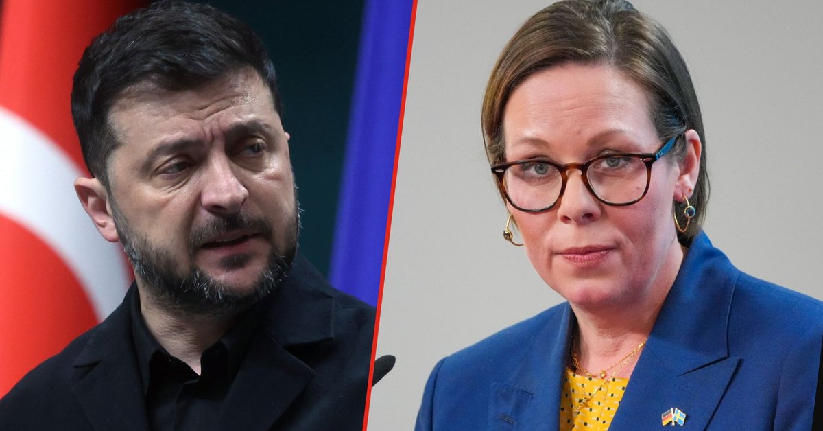 Z lewej prezydent Ukrainy Wołodymyr Zełenski. Z prawej minister spraw zagranicznych Szwecji  Maria Malmer Stenergard