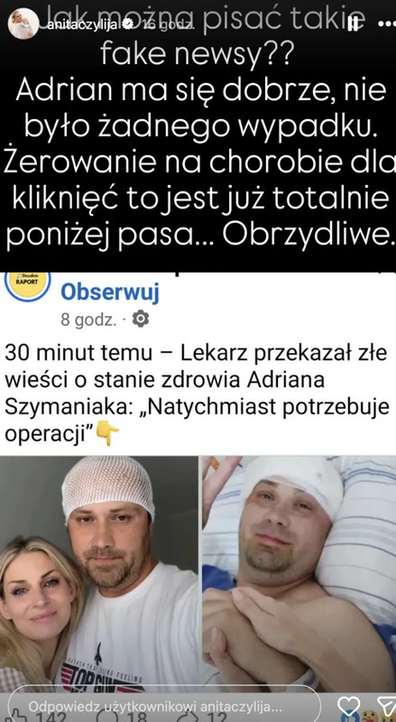 Nieprawdziwe informacje o Adrianie Szymaniaku. Jego żona reaguje