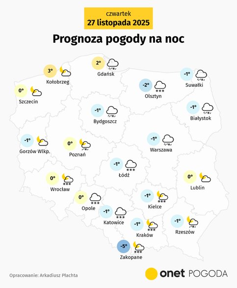 Noc w większości kraju nadal zapowiada się pochmurno i śnieżnie