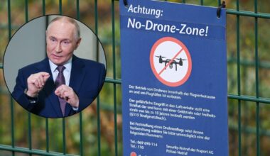 Tabliczka informująca o zakazie latania dronów na lotnisku we Frankfurcie, Niemcy (w kółku: prezydent Rosji Władimir Putin)