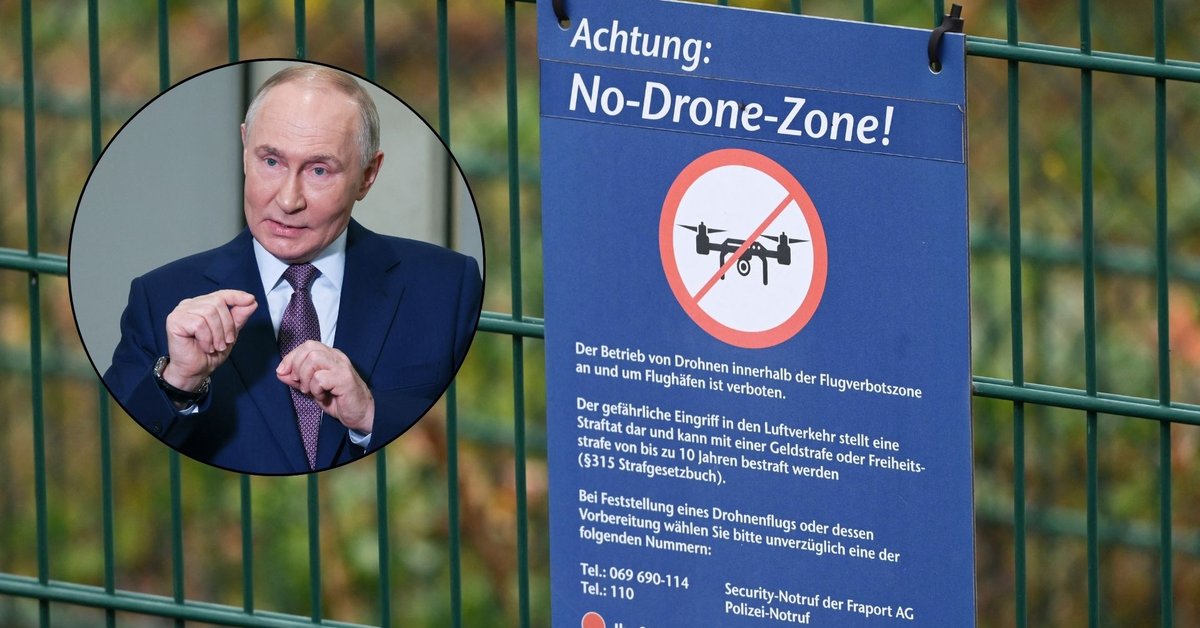 Tabliczka informująca o zakazie latania dronów na lotnisku we Frankfurcie, Niemcy (w kółku: prezydent Rosji Władimir Putin)