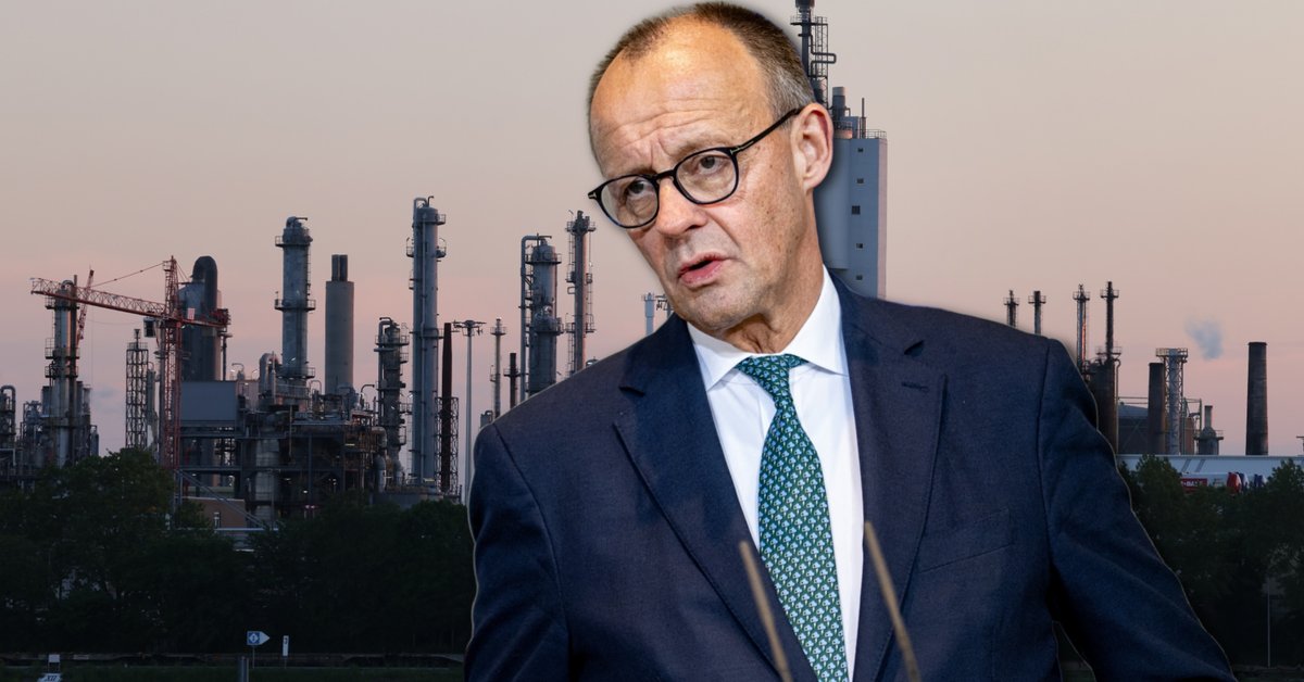 Kanclerz Niemiec Friedrich Merz. W tle fabryka BASF w Ludwigshafen w Niemczech