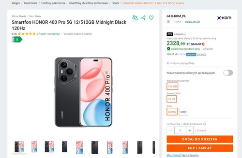 Honor 400 Pro promocja x-kom Allegro Black Friday 2025