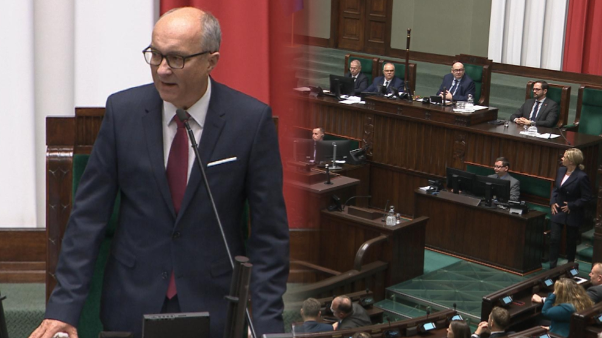 Włodzimierz Czarzasty przemawia na mównicy sejmowej, w tle widownia poselska.