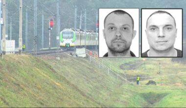 Zdjęcie przedstawia torowisko kolejowe z pociągiem, a w ramkach obok wizerunki dwóch mężczyzn poszukiwanych listem gończym.